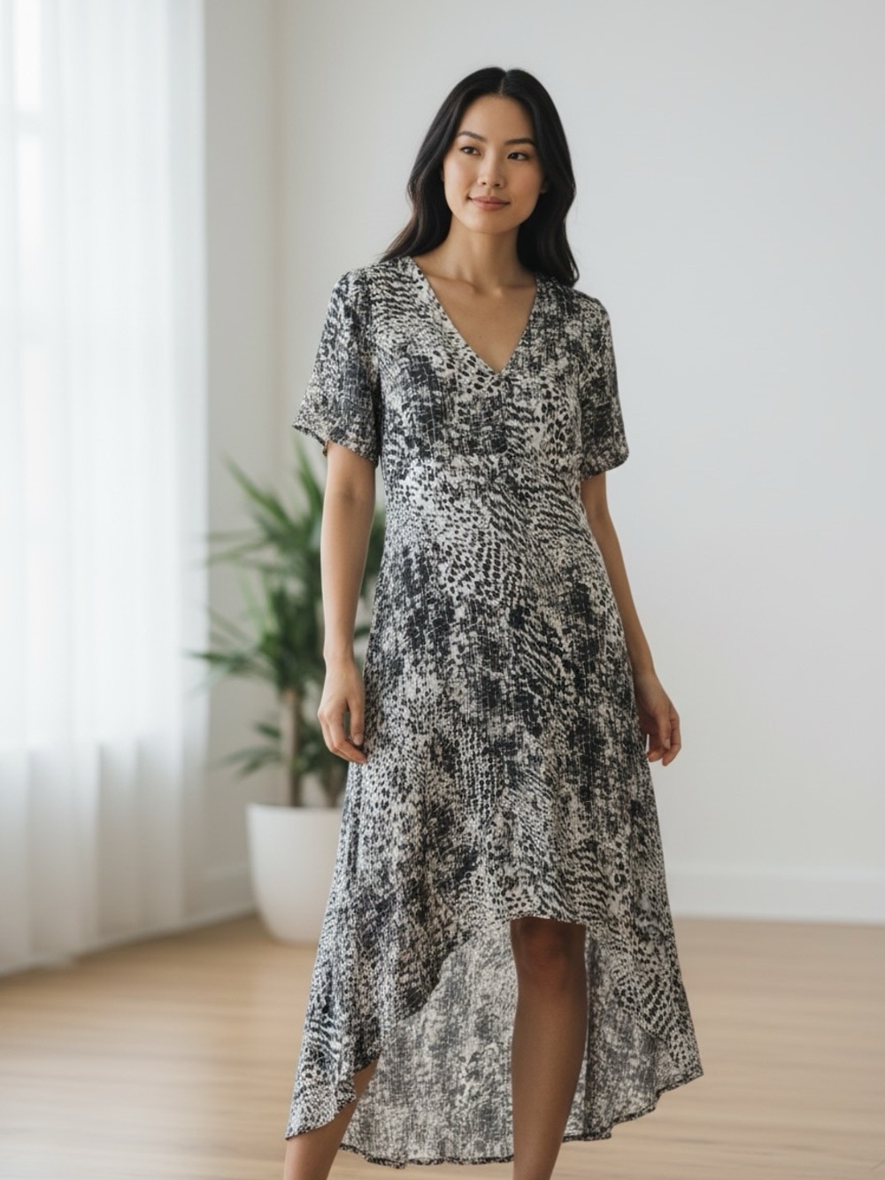 Express Black and White Abstract V-Neck High-Low Dress